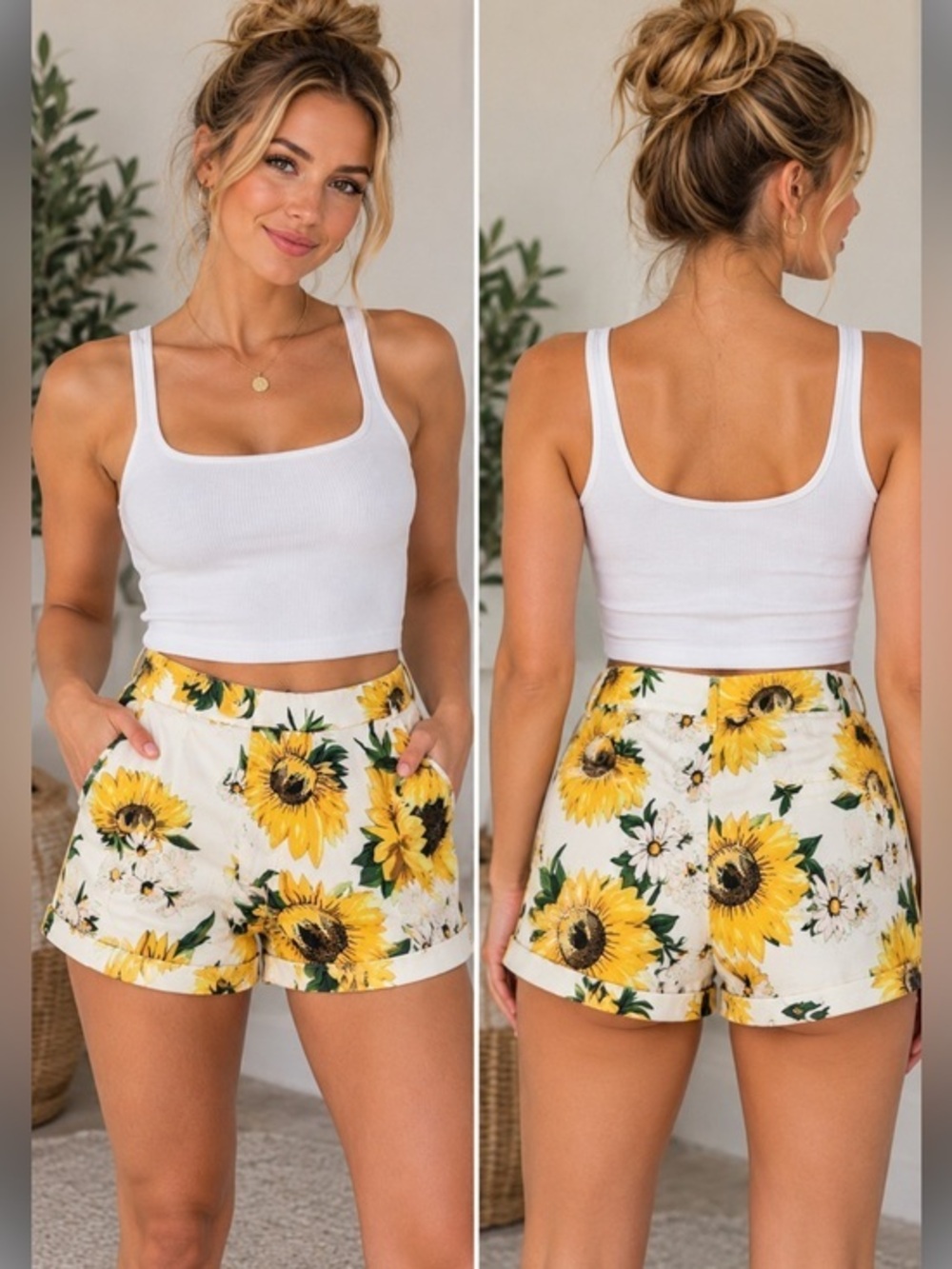 Ovi Sunflower Floral High Waisted Shorts Yellow White Size Medium